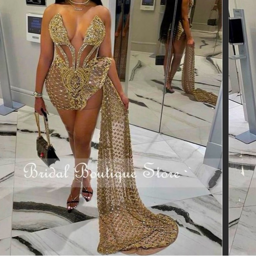 Gold Diamond Embellished Dress w/ Train